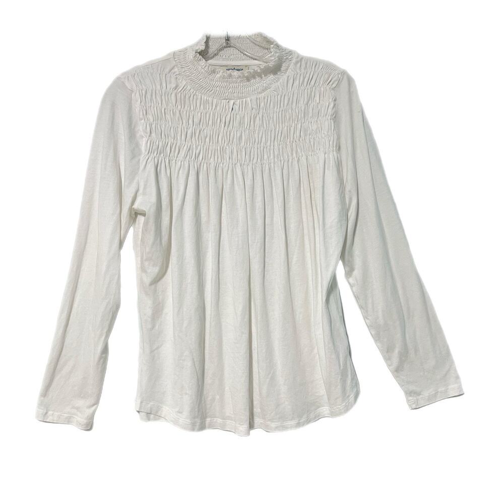 Sundance Smocked High Neck Long Sleeve Woman's Top M White Boho Modest Office